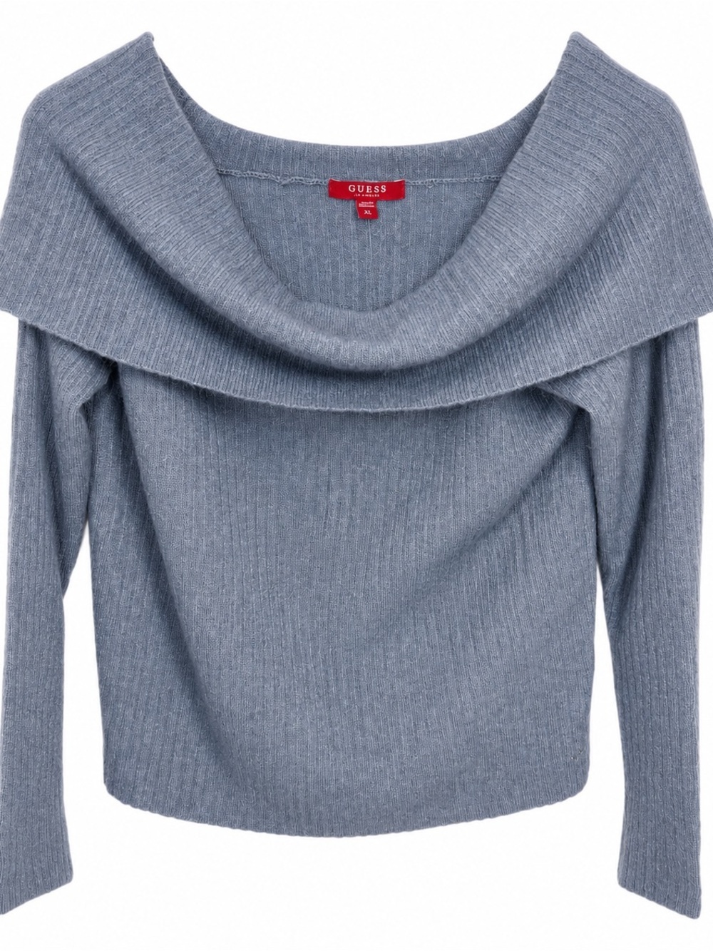 GUESS XL Off Shoulder Ribbed Knit Sweater Gray Blue Soft Girl Cozy Top